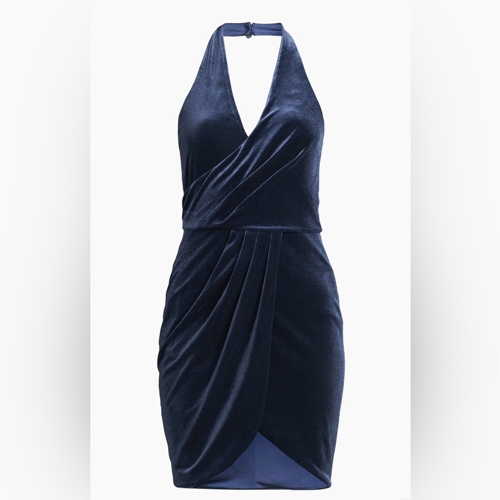 Black Halo Elaria Stretch Velvet Halterneck Minidress in Slate/Midnight Blue NWT